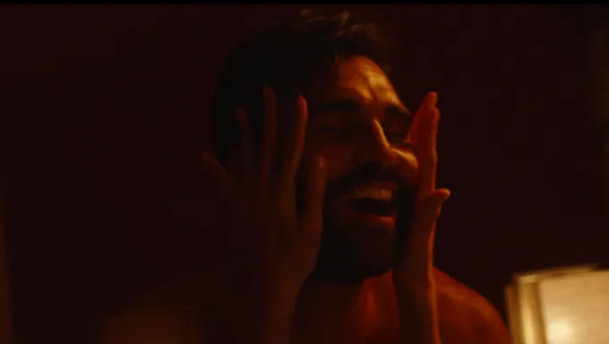 Man with short hair and beard smiles widely while holding his face with both hands in a dimly lit room.