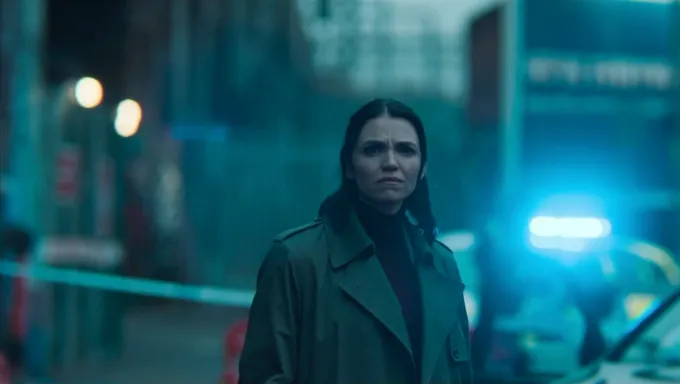 Woman in a green coat standing near police lights and vehicles in a dimly lit urban setting.
